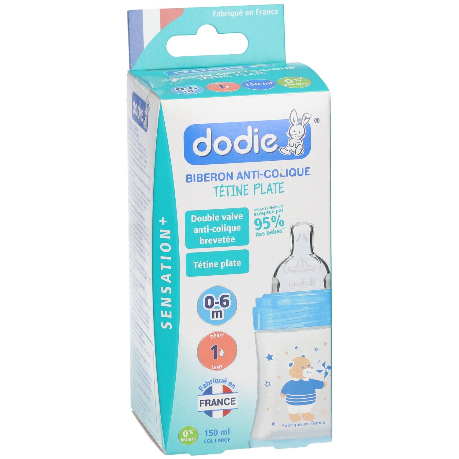 dodie® Sensation+ Biberon Anti-colique 150 ml Bleu Ourson tétine débit 1