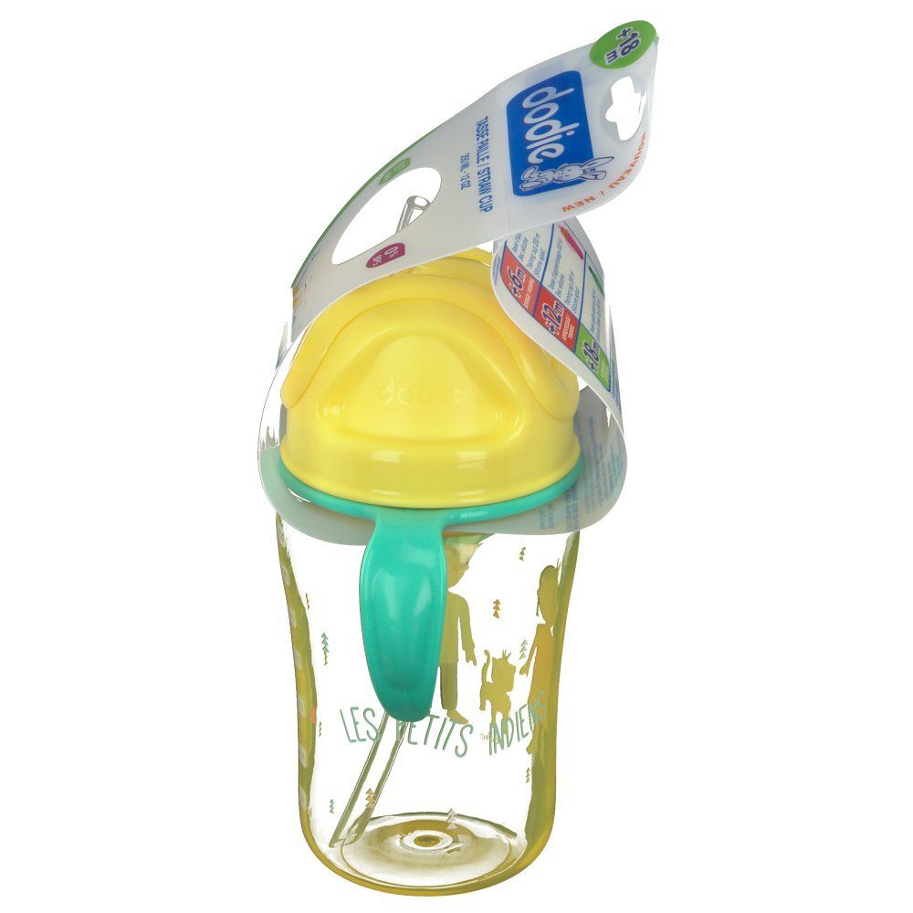 Gobelet à paille, couvercle jaune, anse verte. Emballage avec informations produit. Inscription: dodie®.