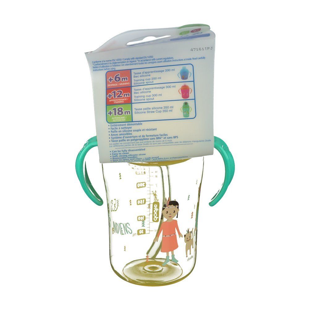 Gobelet à paille avec deux anses vertes. Emballage avec informations produit. Inscription: dodie®.