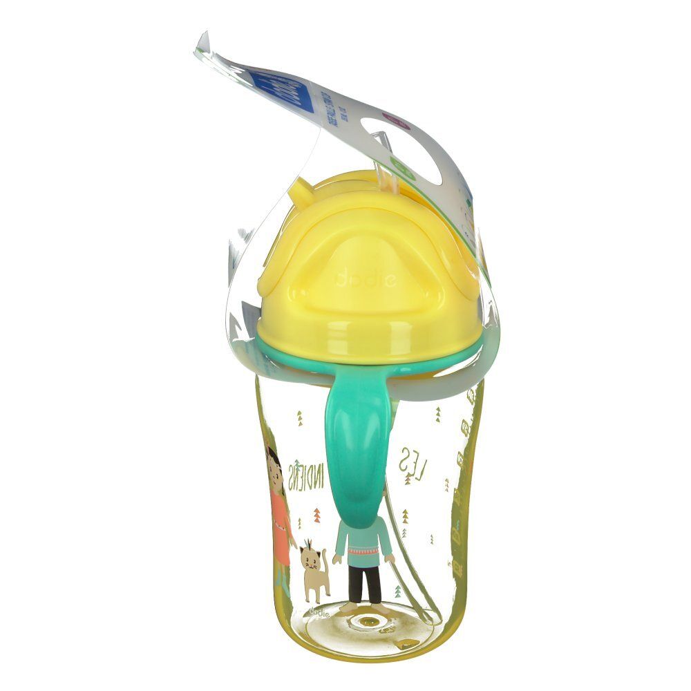 Gobelet à paille, couvercle jaune, anse verte. Emballage avec informations produit. Inscription: dodie®.