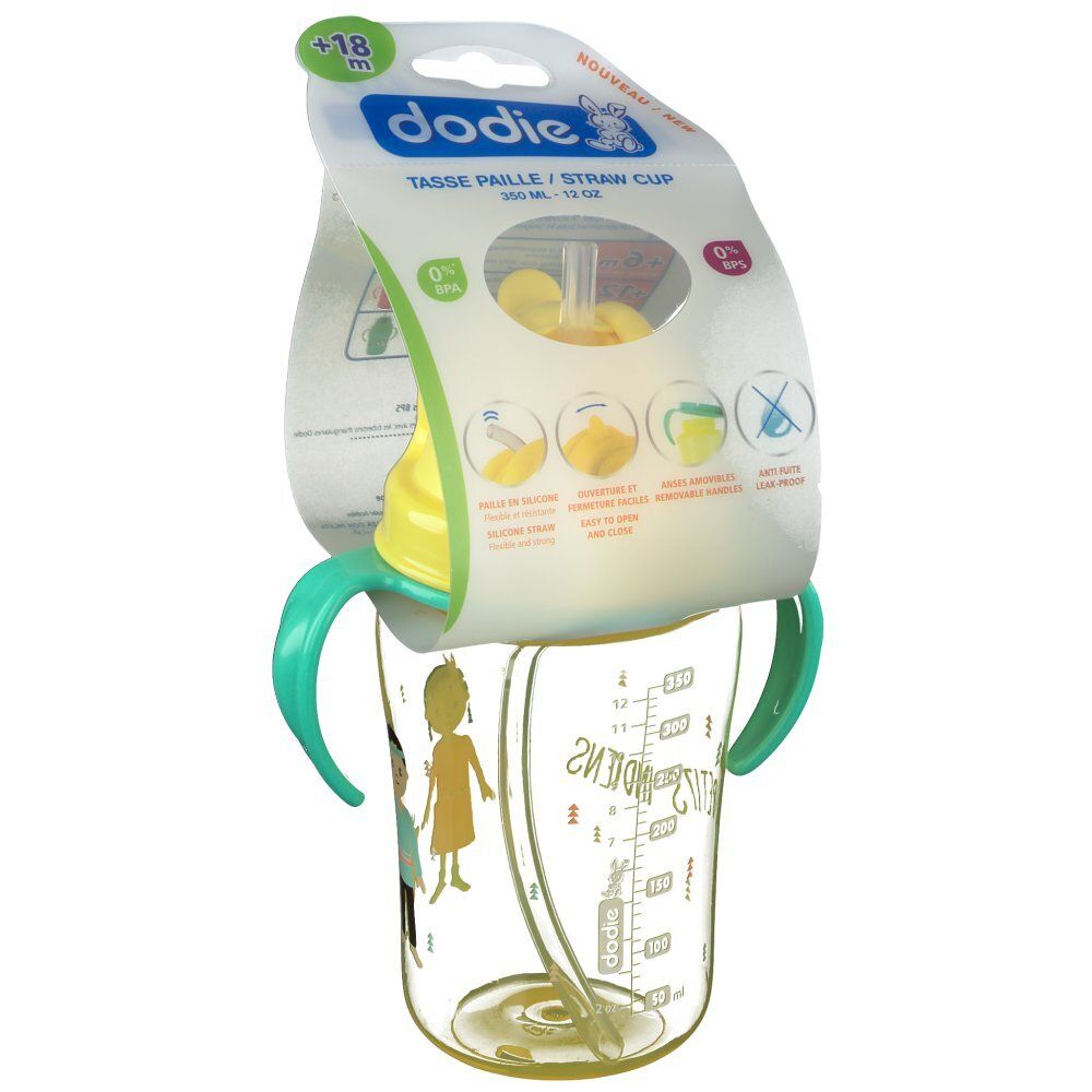 Gobelet à paille, couvercle jaune, deux anses vertes. Emballage avec informations produit. Inscription: dodie®.