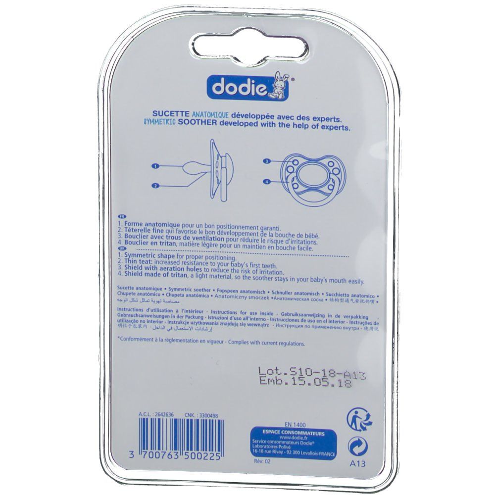 Dos de l'emballage avec informations produit. Marque Dodie. Forme anatomique. Texte multilingue.