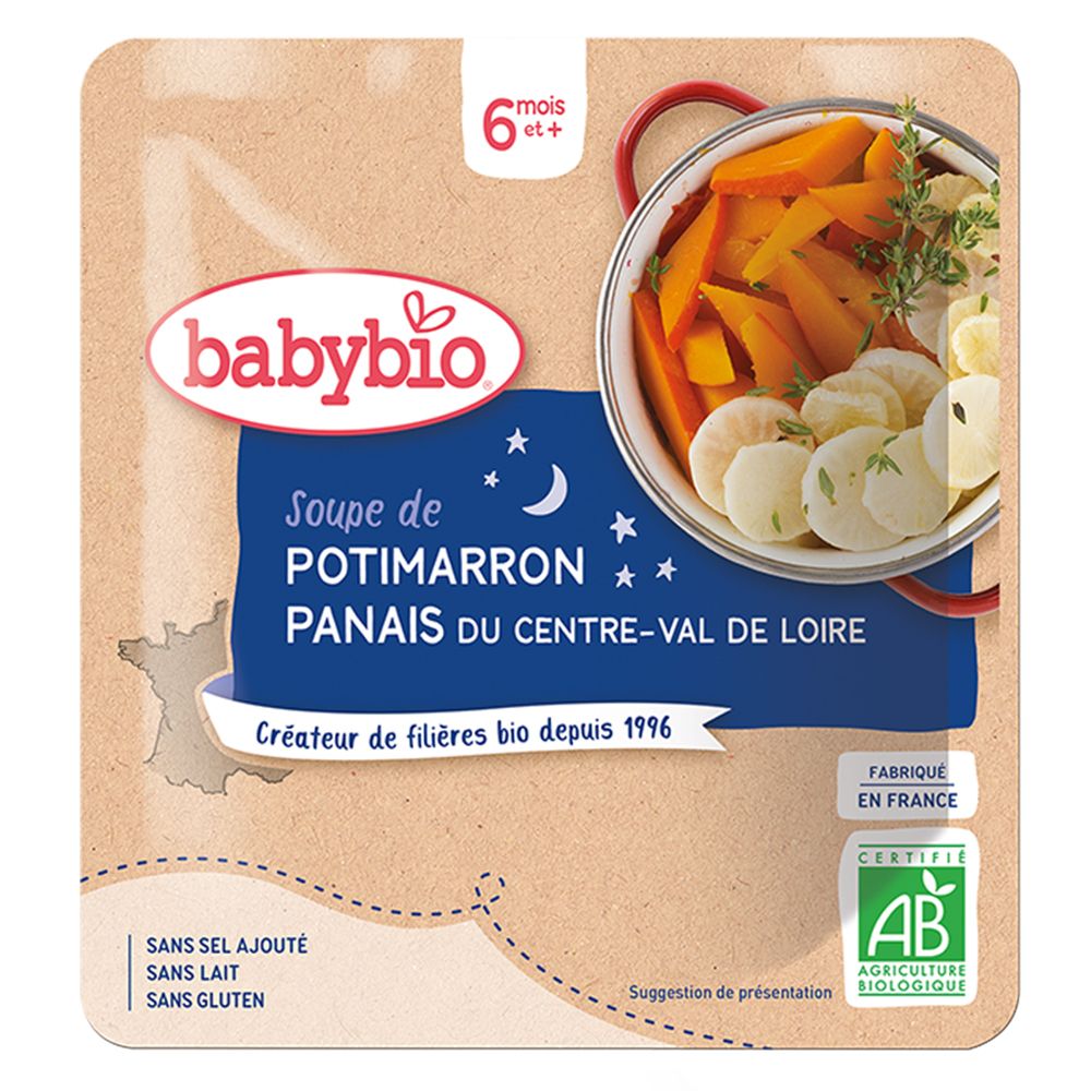 Babybio, soupe Potimarron Panais. Logo AB. Inscription : Sans sel ajouté, sans lait, sans gluten. Dès 6 mois.