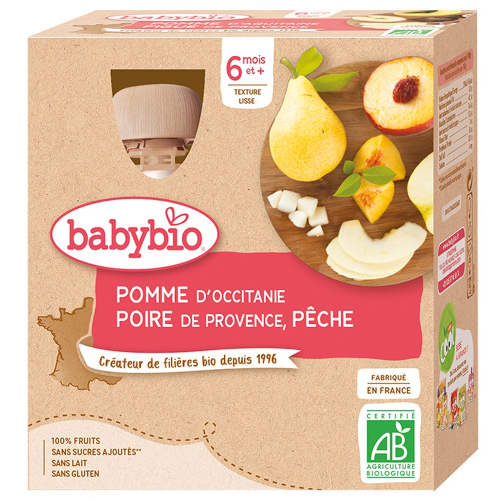 Pack Babybio Pomme Poire Pêche, dès 6 mois, texture lisse.