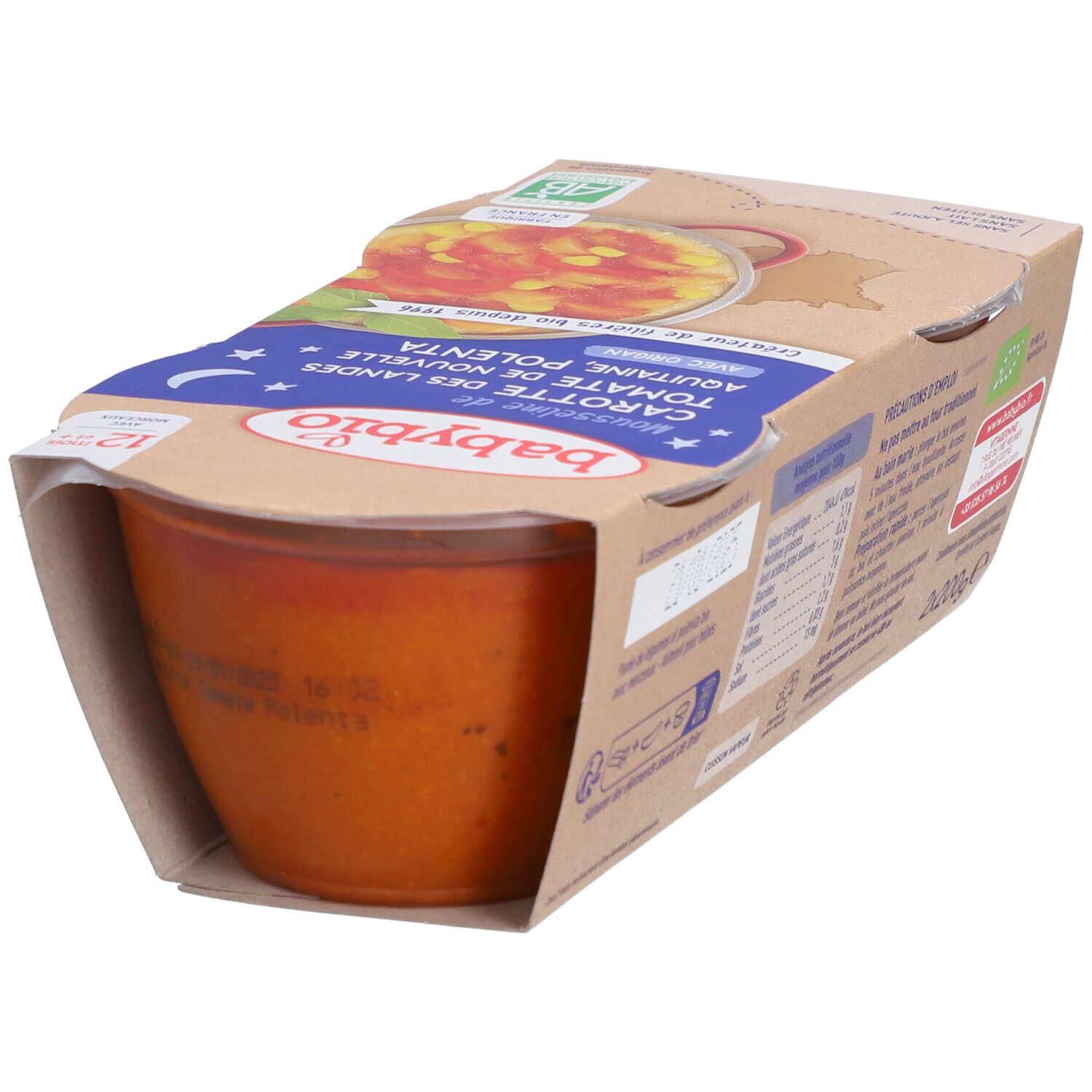 Emballage Babybio Mousse de carottes, tomates et polenta. Le pot est partiellement visible, avec des informations sur le produit.