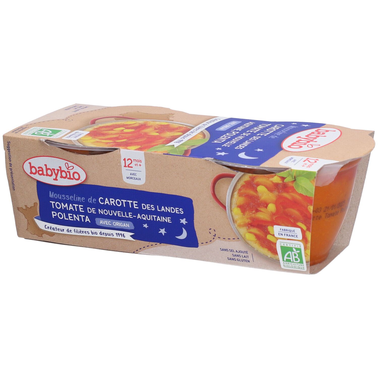 Emballage Babybio Mousse de carottes, tomates et polenta. Le pot est partiellement visible, avec des informations sur le produit.