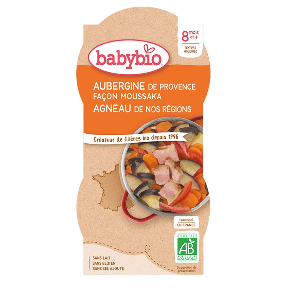 Produit Babybio. Aubergine de Provence, moussaka d'agneau. Dès 8 mois. Label bio. Emballage avec image du produit et texte.
