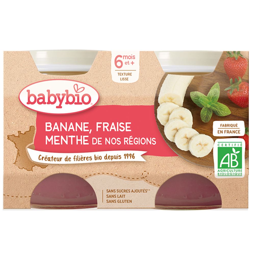 Babybio Banane, Fraise & Menthe, 6+ mois. Texture lisse. 4 pots. Sans sucres ajoutés, sans lait, sans gluten. Label AB.
