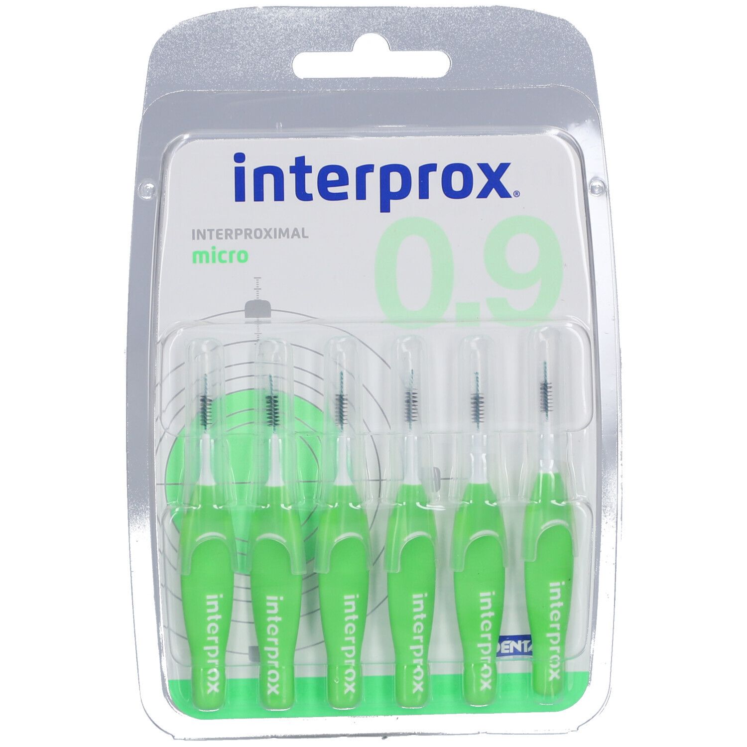 Blister contenant six brossettes interdentaires vertes. Le mot "interprox" est visible sur les manches.