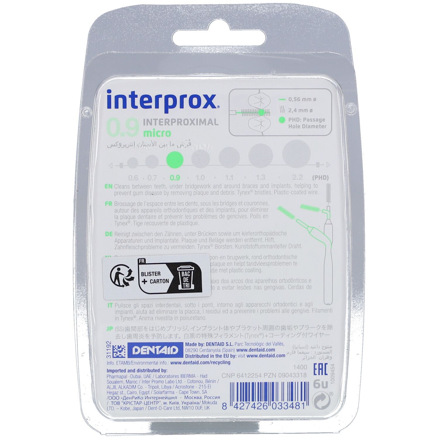 Dos de l'emballage blister avec informations produit et logos. Le mot "interprox" est visible en haut à gauche.