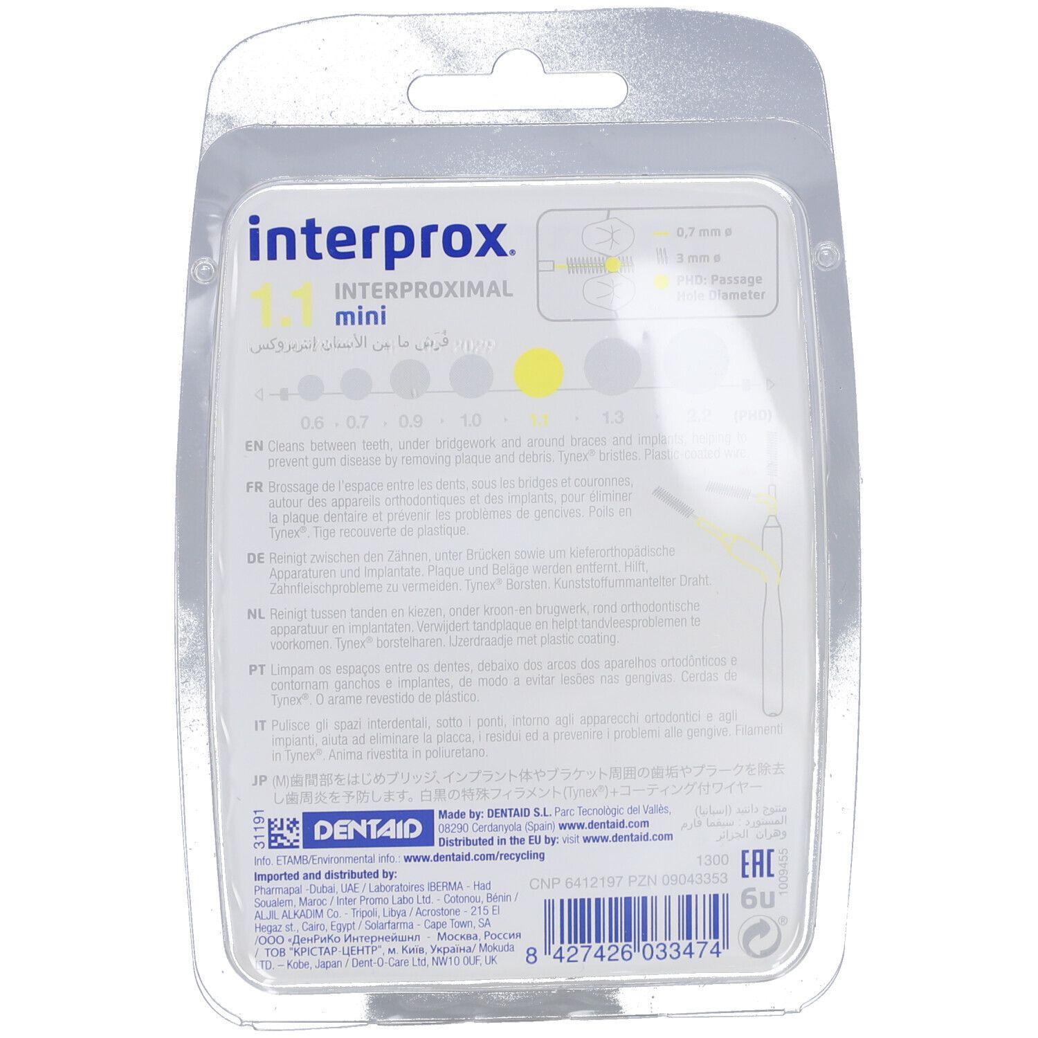 Dos de l'emballage des brossettes interdentaires Interprox Mini. Marque Interprox, informations produit, indications de taille.
