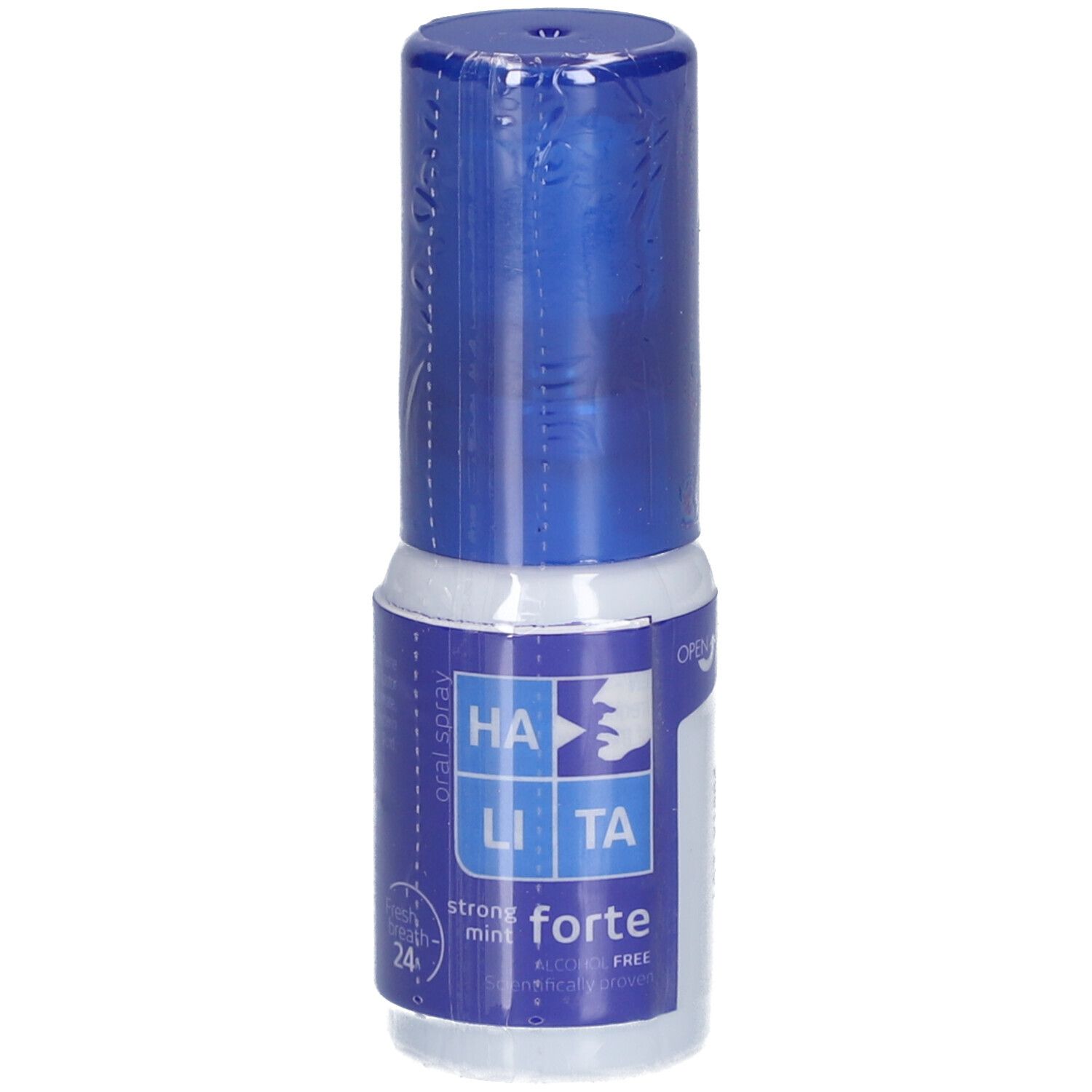 Flacon cylindrique avec bouchon bleu. Inscription: HALITA® forte, strong mint, 24h. Emballé dans du film plastique.