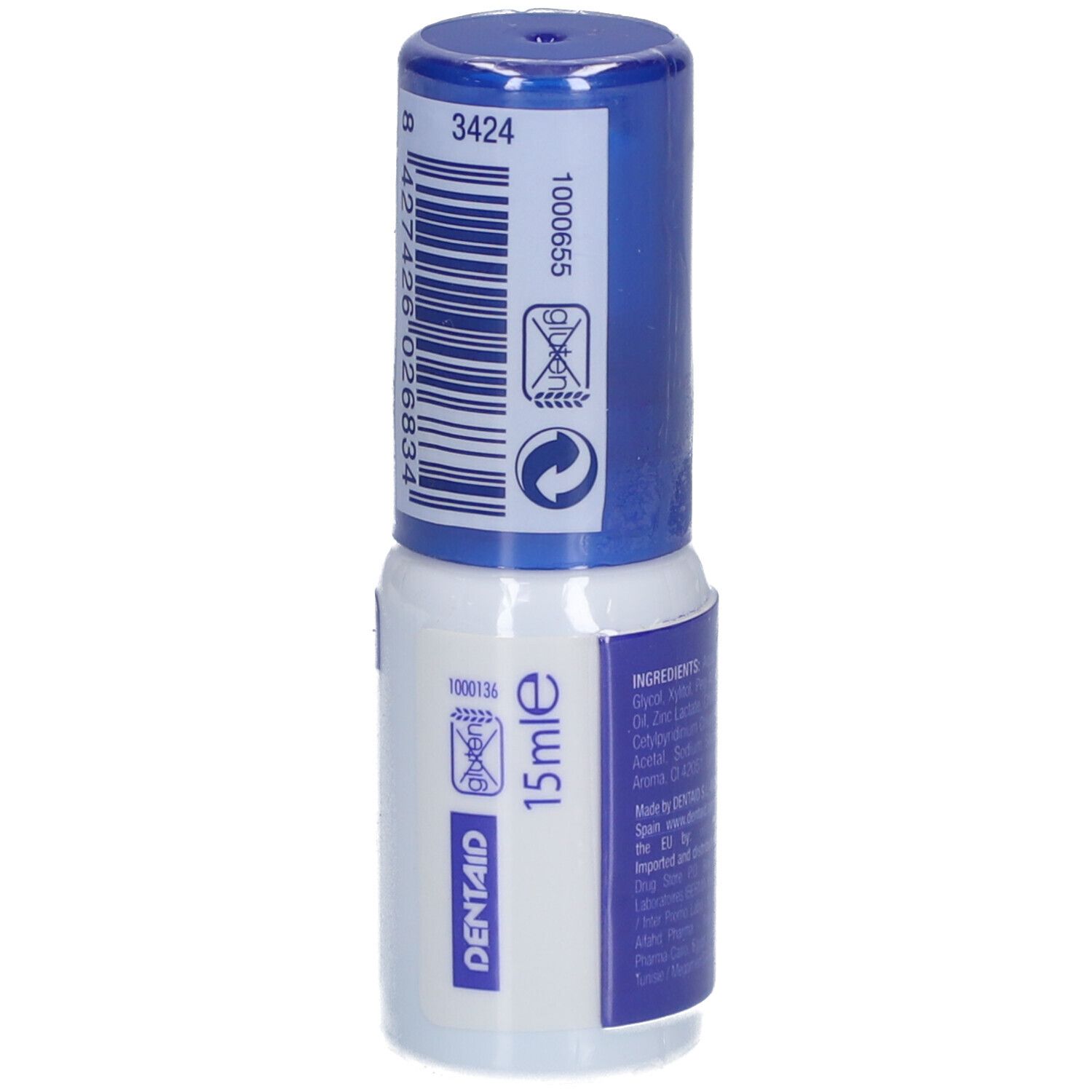 Vue arrière du flacon. Code-barres et indication de volume: 15ml. Logo du fabricant: DENTAID.