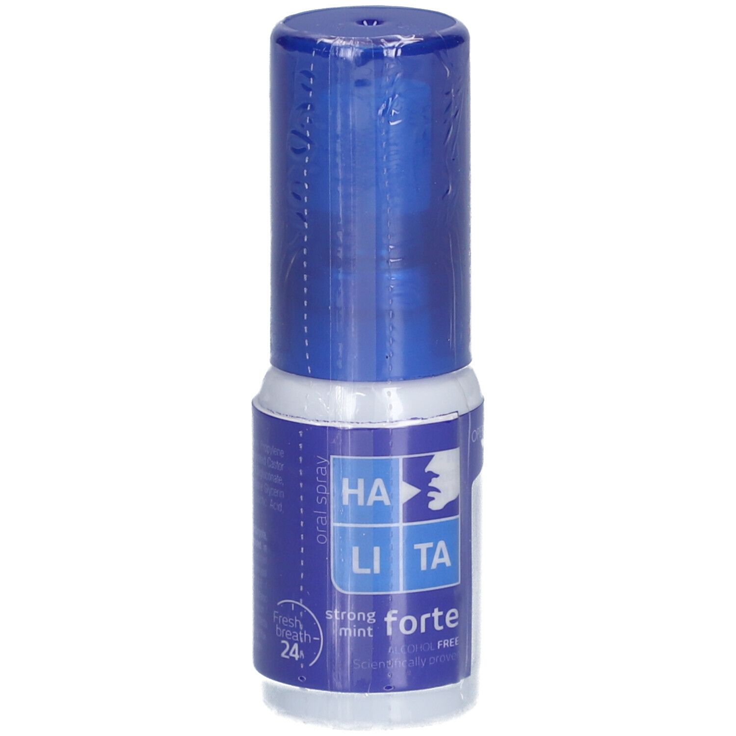 Flacon cylindrique avec bouchon bleu. Inscription: HALITA® forte, strong mint, 24h. Emballé dans du film plastique.