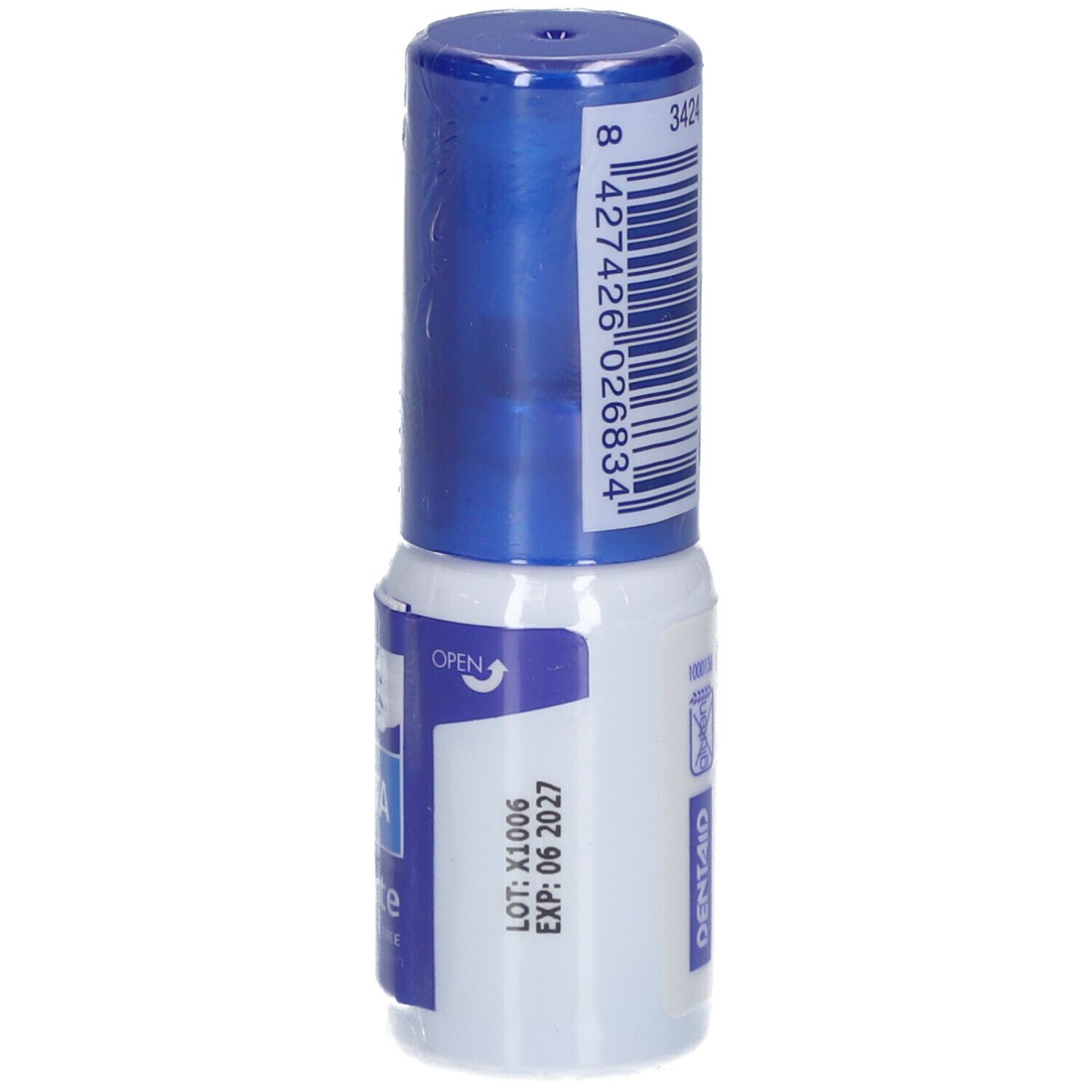 Vue arrière du flacon. Code-barres et indication de volume: 15ml. Logo du fabricant: DENTAID. Avec date d'ouverture et de péremption.