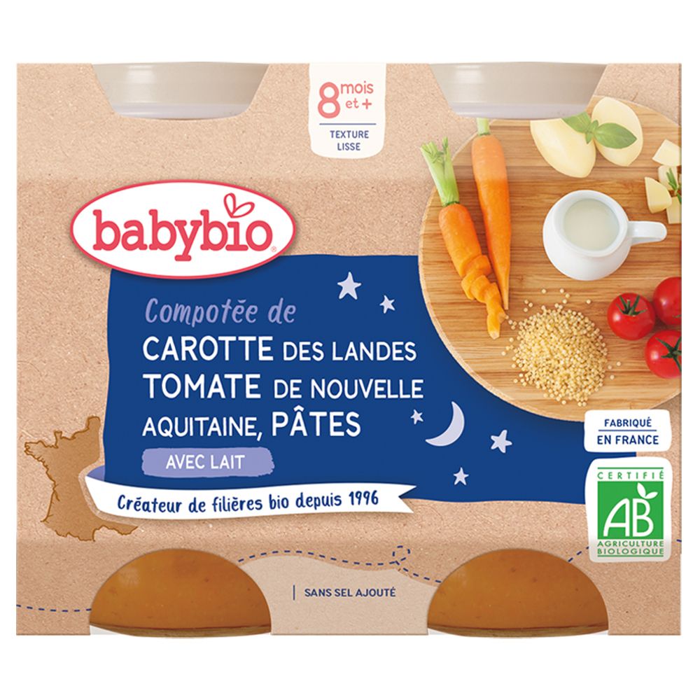 Babybio Compote Carotte Tomate Pâtes au Lait, pack de 4x200g.