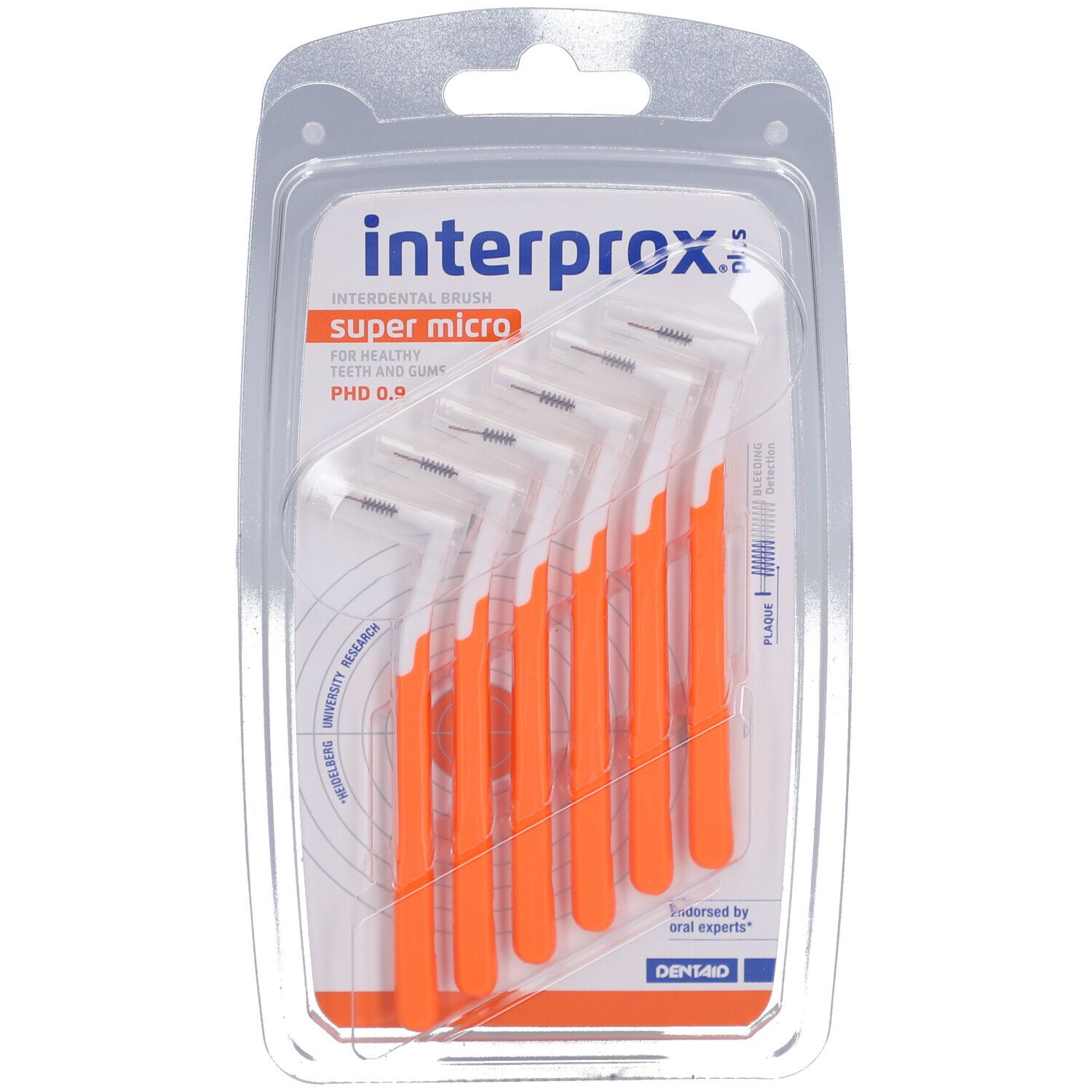 Brosses interdentaires en blister. Manches orange, inscription "interprox" et "super micro".