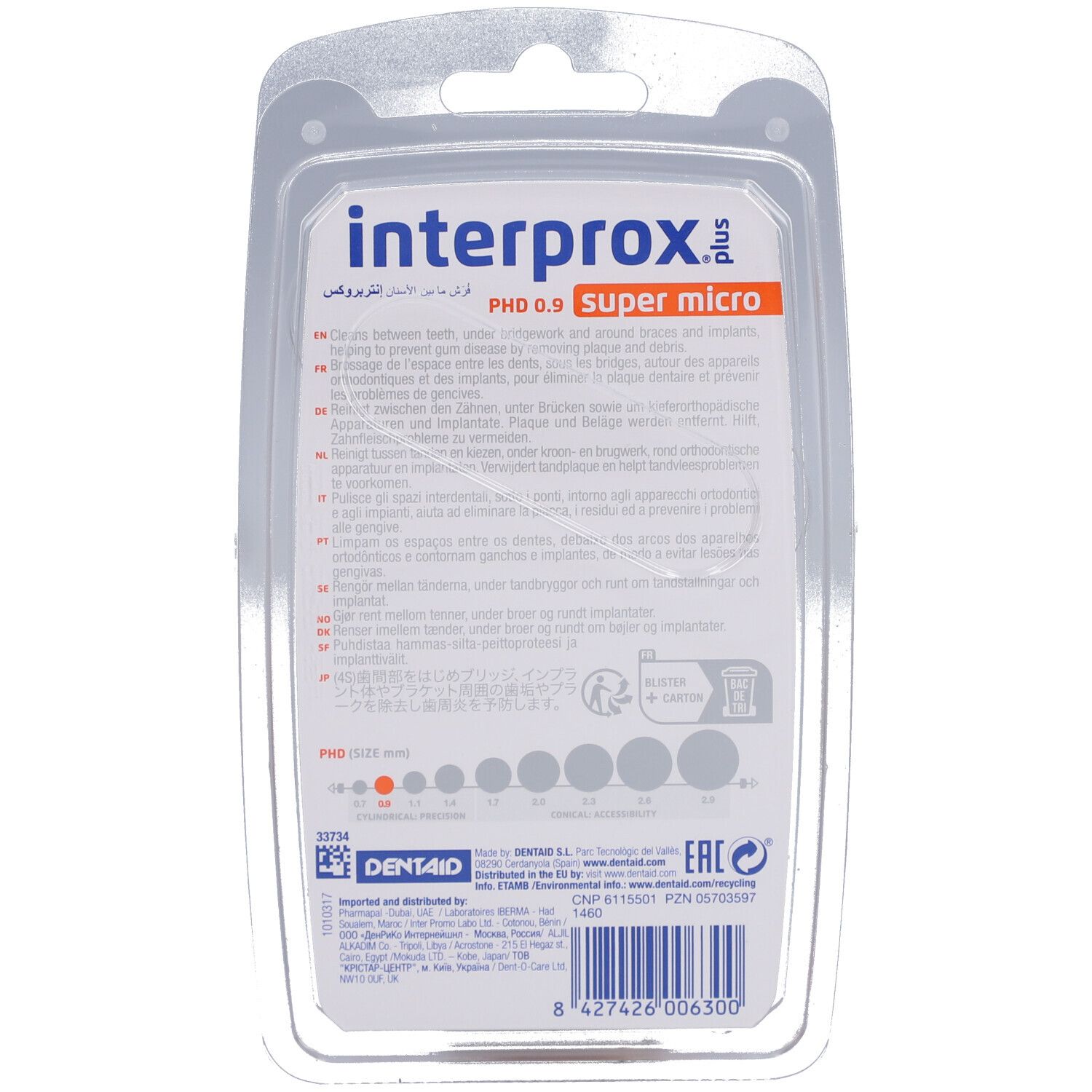 Dos de l'emballage blister avec informations produit et indications de taille. Inscription "interprox plus super micro".