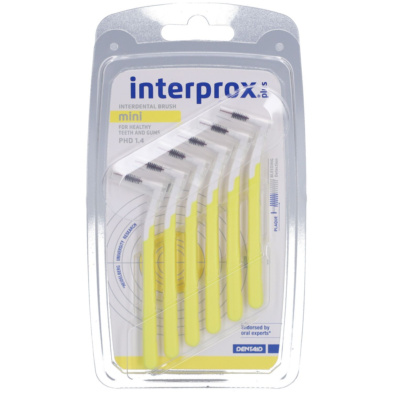 Blister pack de brosses interdentaires INTERPROX plus mini jaunes. Six brosses avec manches jaunes et poils blancs.