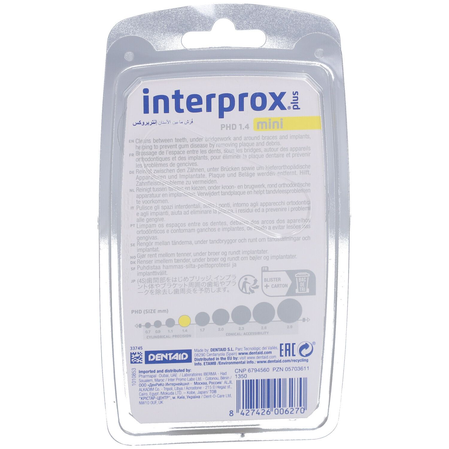 Dos du blister avec informations produit et indications de taille pour les brosses interdentaires INTERPROX plus mini.