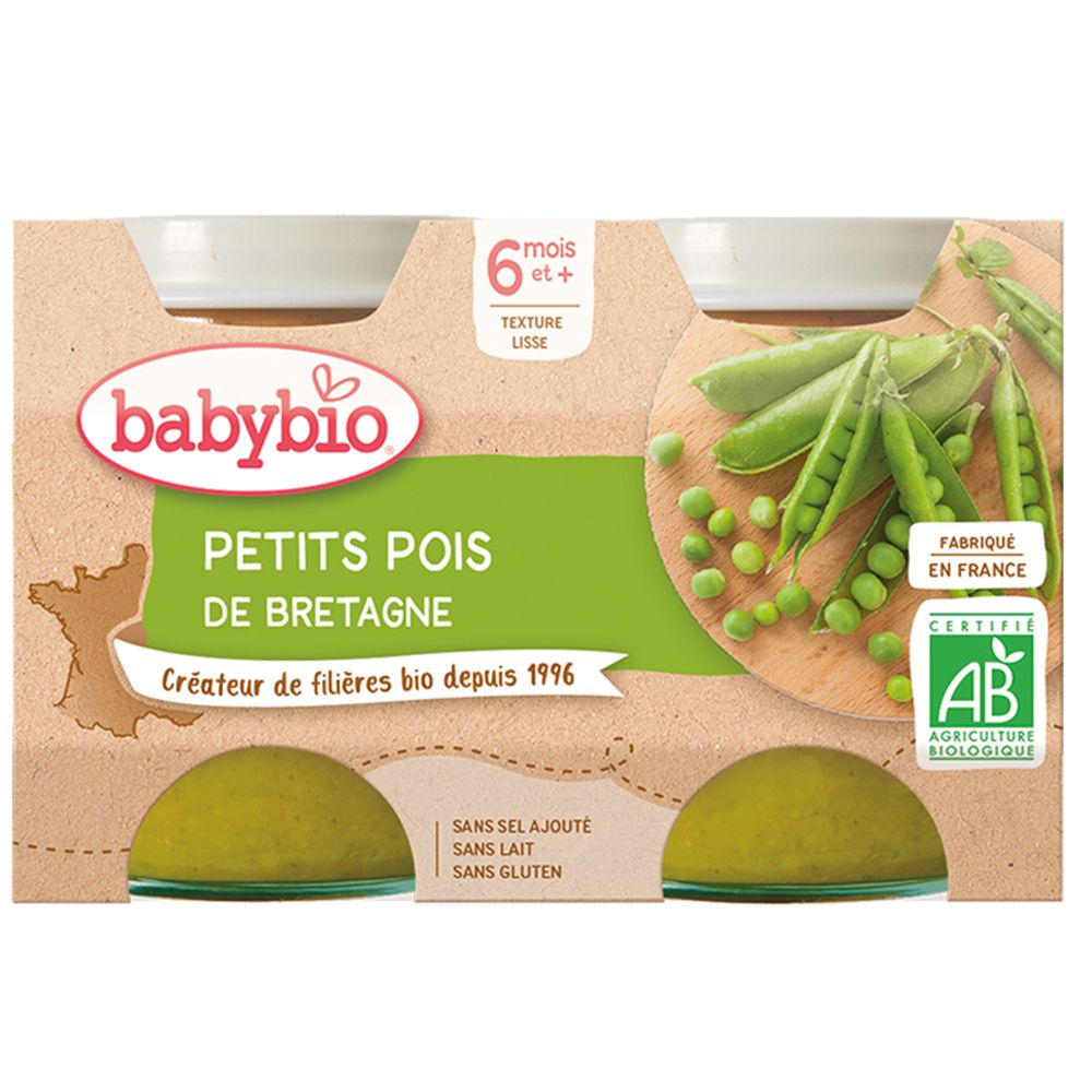 Boîte Babybio PETITS POIS DE BRETAGNE. 6 mois et +. Certifié bio. Sans sel ajouté, sans lait, sans gluten. Petits pois et gousses.