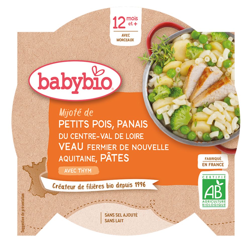 Babybio MIJOTÉ DE PETITS POIS PANAIS DU CENTRE-VAL DE LOIRE VEAU FERMIER DE NOUVELLE-AQUITAINE PÂTES AU THYM dès 12 mois