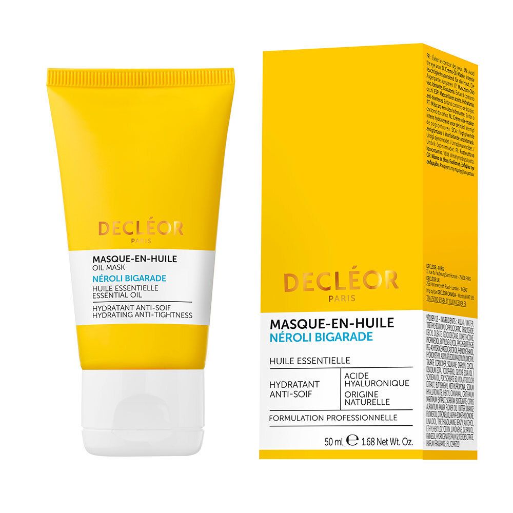Tube et boîte jaunes. Inscription: Decléor, Masque-en-huile, NÉROLI BIGARADE. Hydratant Anti-Soif. 50ml.