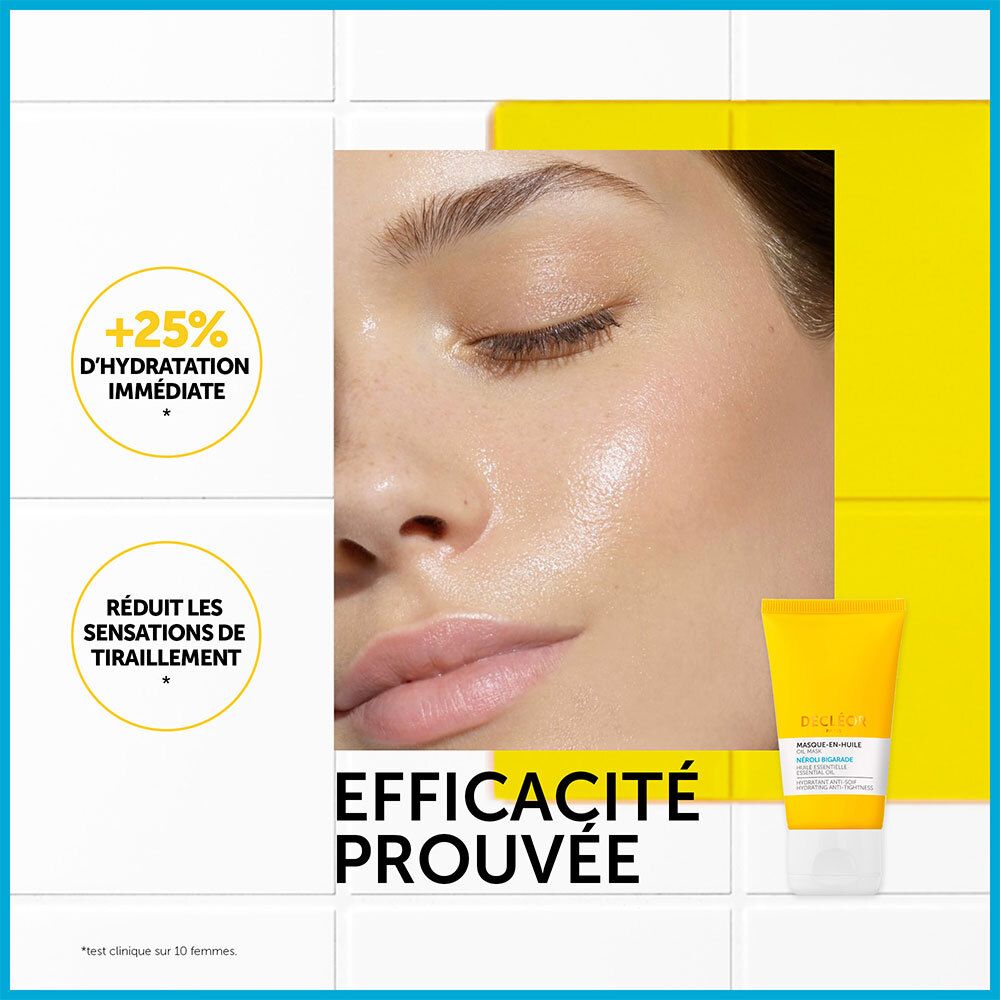 Visage d'une femme. Texte: +25% Hydratation immédiate, Réduit les sensations de tiraillement. Efficacité prouvée.
