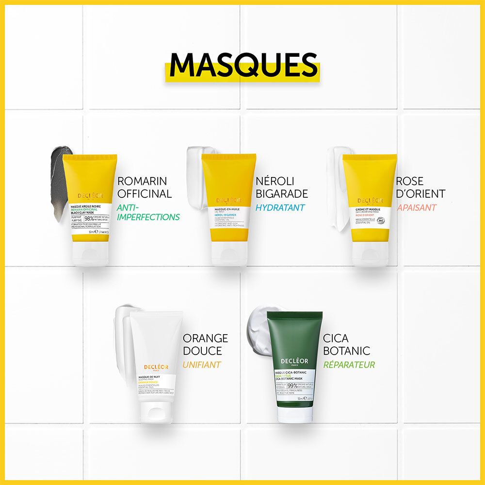 Six tubes. Inscription: Masques. Différents produits: Romarin, Néroli Bigarade, Rose d'Orient, Orange Douce, Cica Botanic.