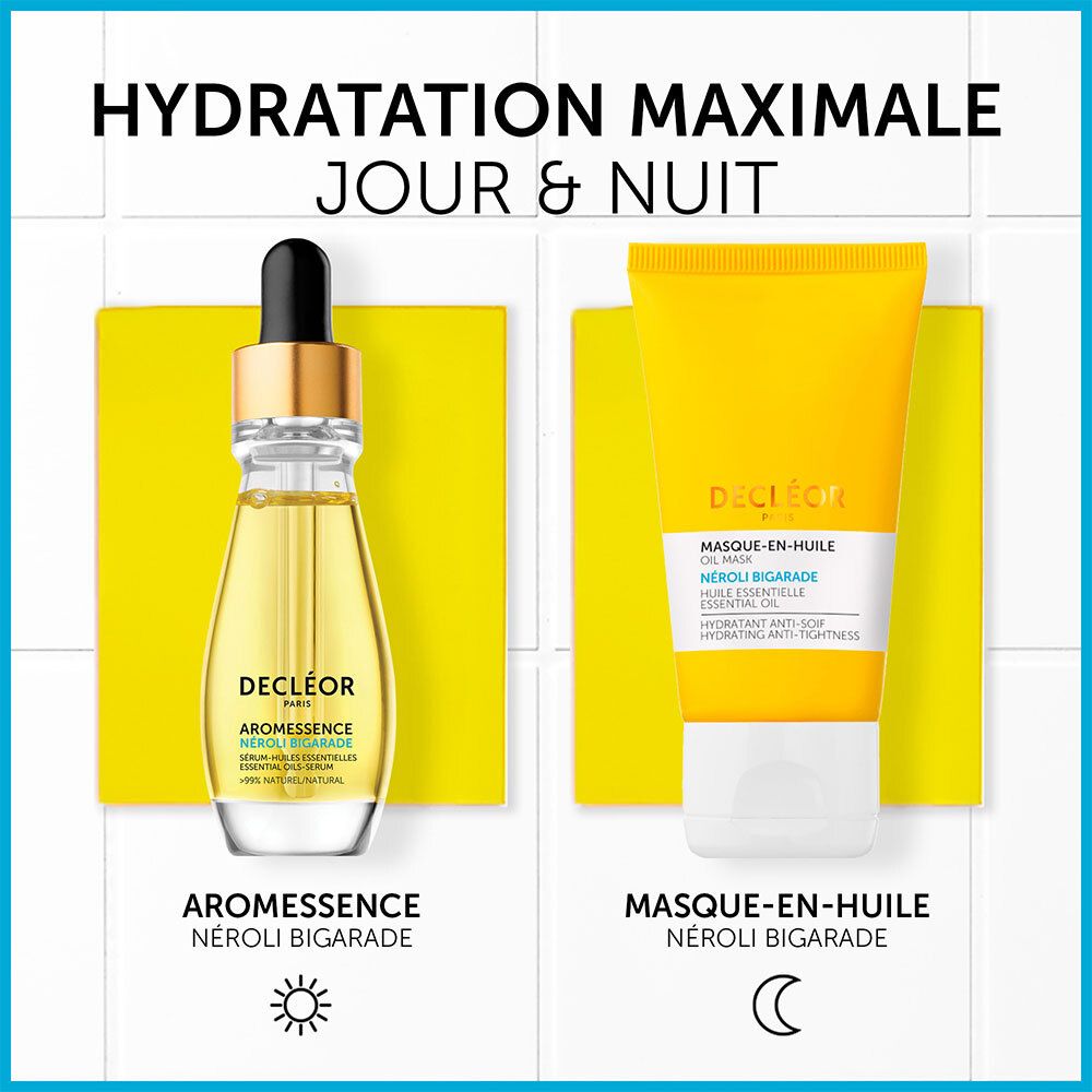 Deux produits. Inscription: Hydratation maximale Jour & Nuit. Decléor Aromessence et Masque-en-huile.