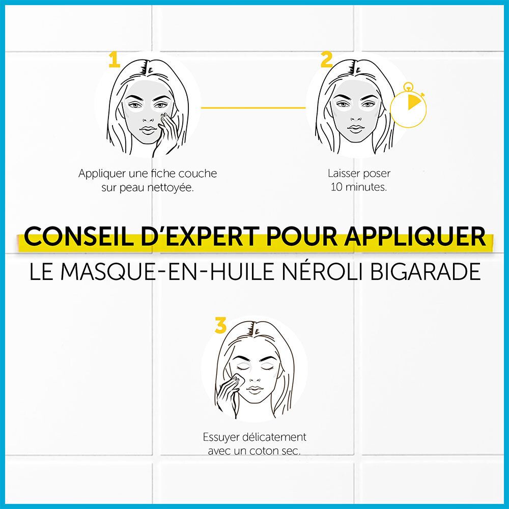 Trois étapes d'application. Inscription: Conseil d'expert pour appliquer le Masque-en-huile Néroli Bigarade.