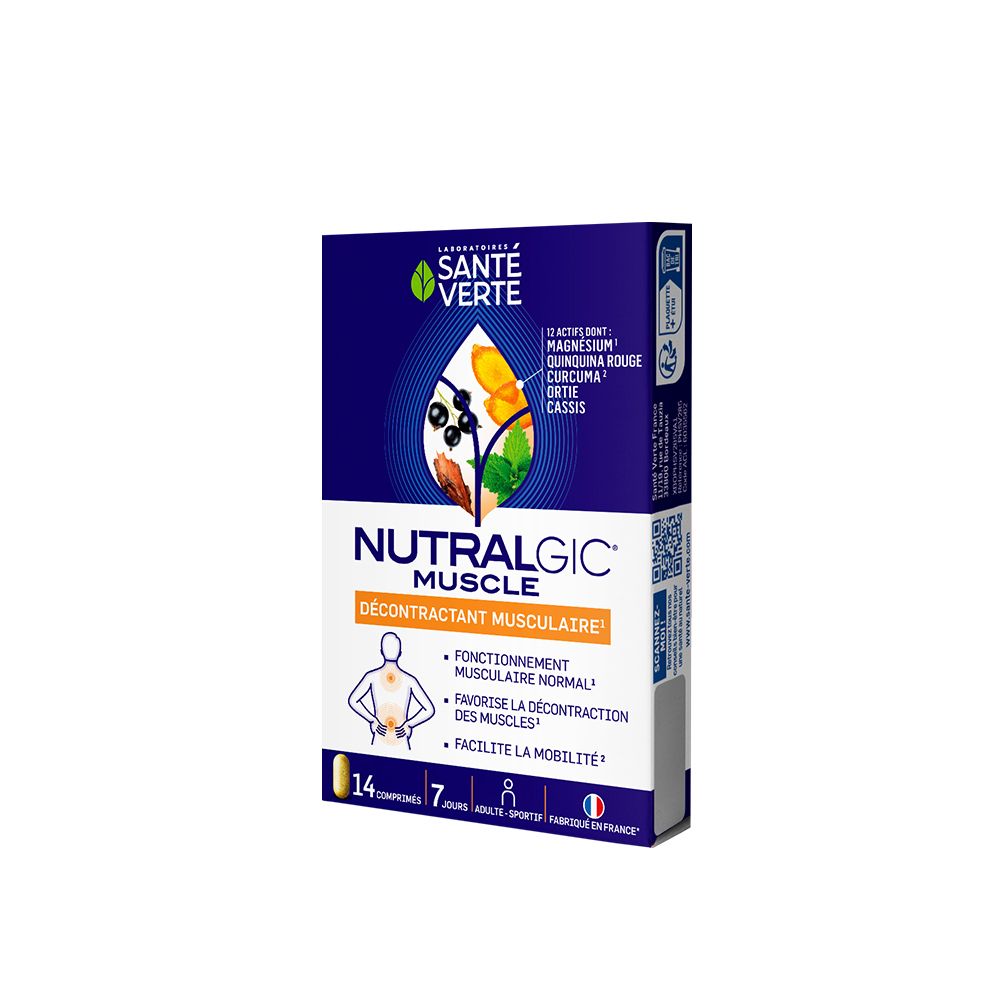 Boîte bleu et blanche SANTE VERTE Nutralgic® Muscle. Contient 14 comprimés. Texte: Décontractant musculaire.