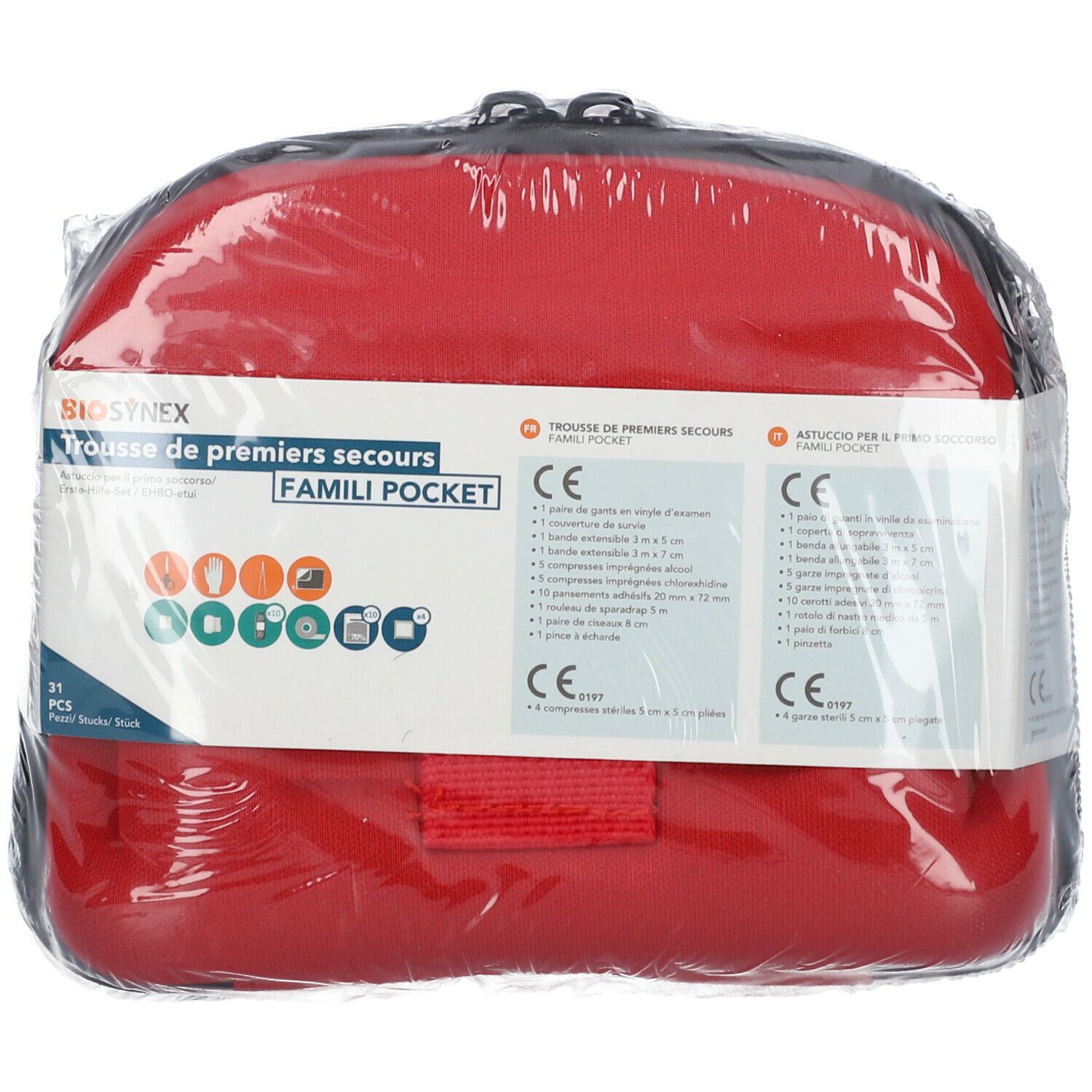 Trousse de premiers secours rouge, ovale, emballée. Fermeture éclair et poignée noires. Inscription : Trousse de premiers secours, Famili Pocket. Contenu.