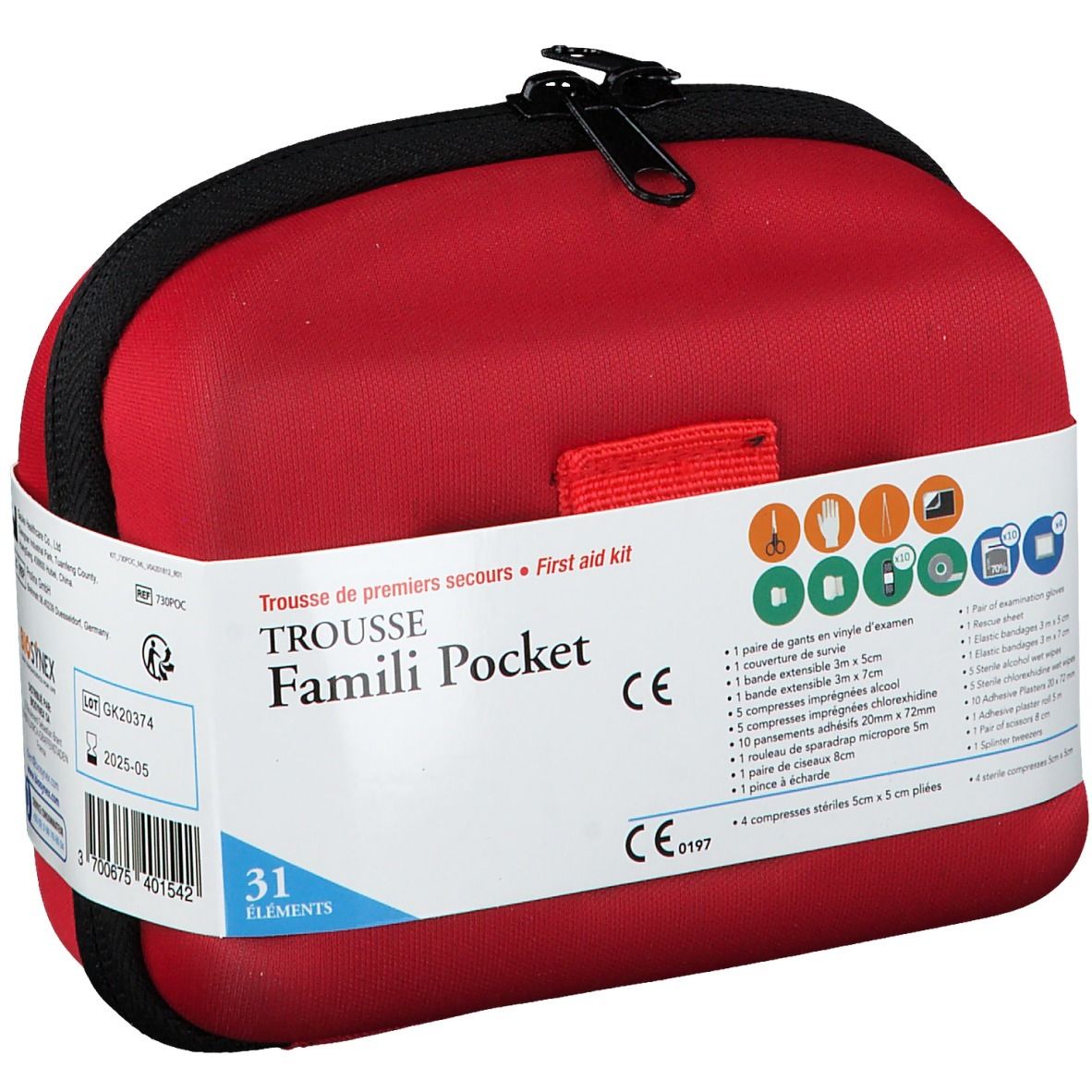 Trousse de premiers secours rouge, ovale, avec fermeture éclair noire. Inscription : Trousse de premiers secours, Famili Pocket. 31 éléments. Marquage CE.