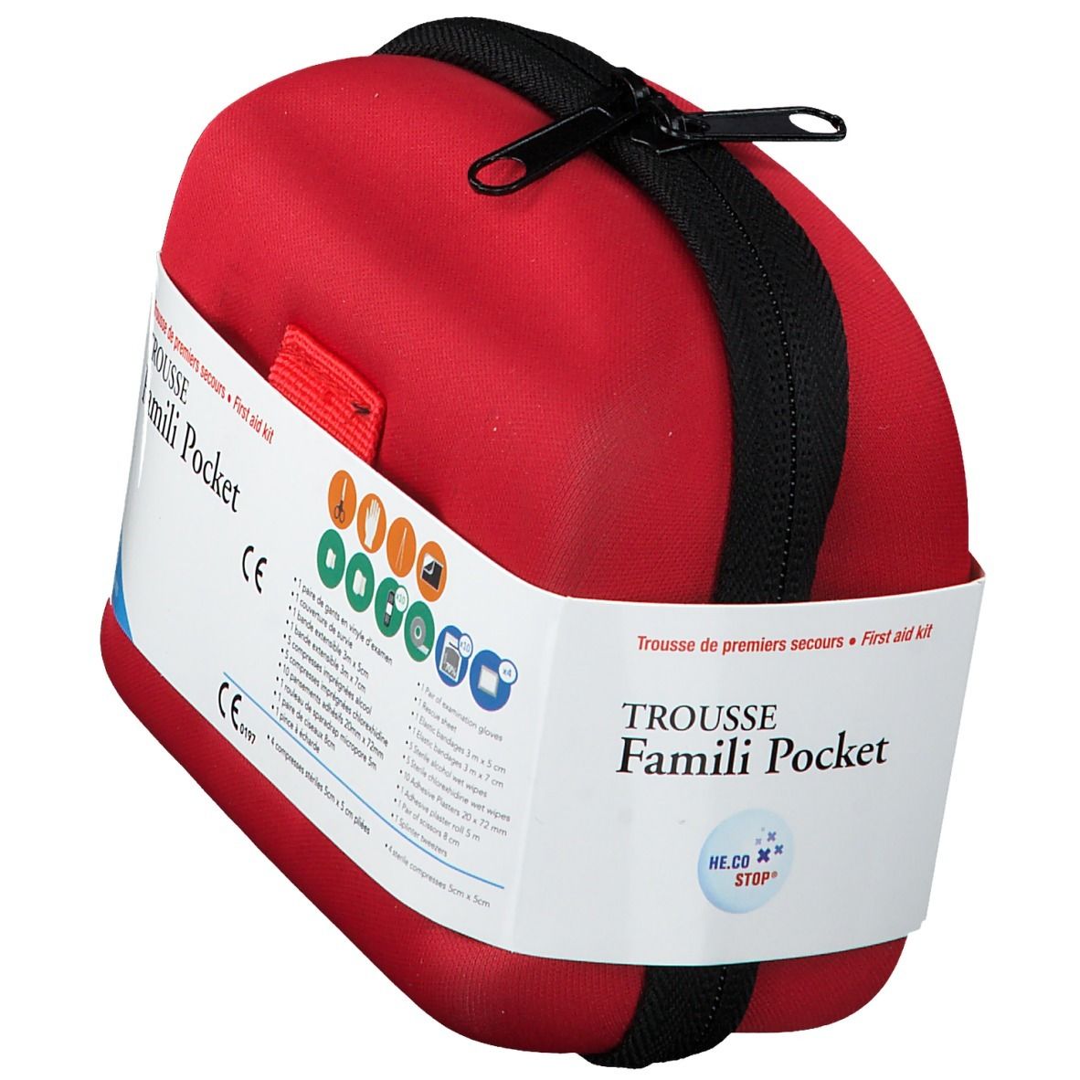 Trousse de premiers secours rouge, ovale, avec fermeture éclair noire. Inscription : Trousse de premiers secours, Famili Pocket. Logo HE.CO STOP.