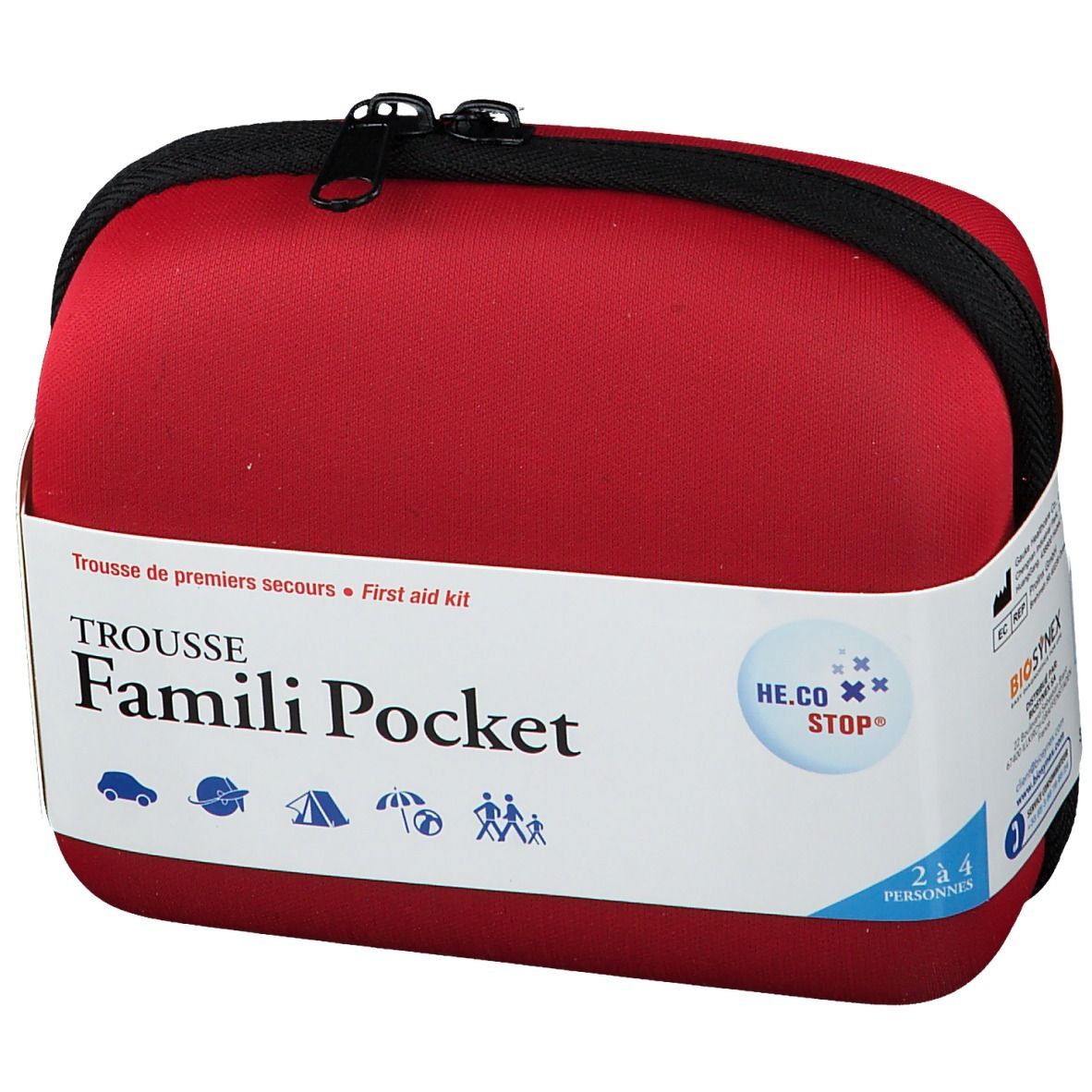Trousse de premiers secours rouge, ovale, avec fermeture éclair noire. Inscription : Trousse de premiers secours, Famili Pocket. Logo HE.CO STOP. 2-4 personnes.
