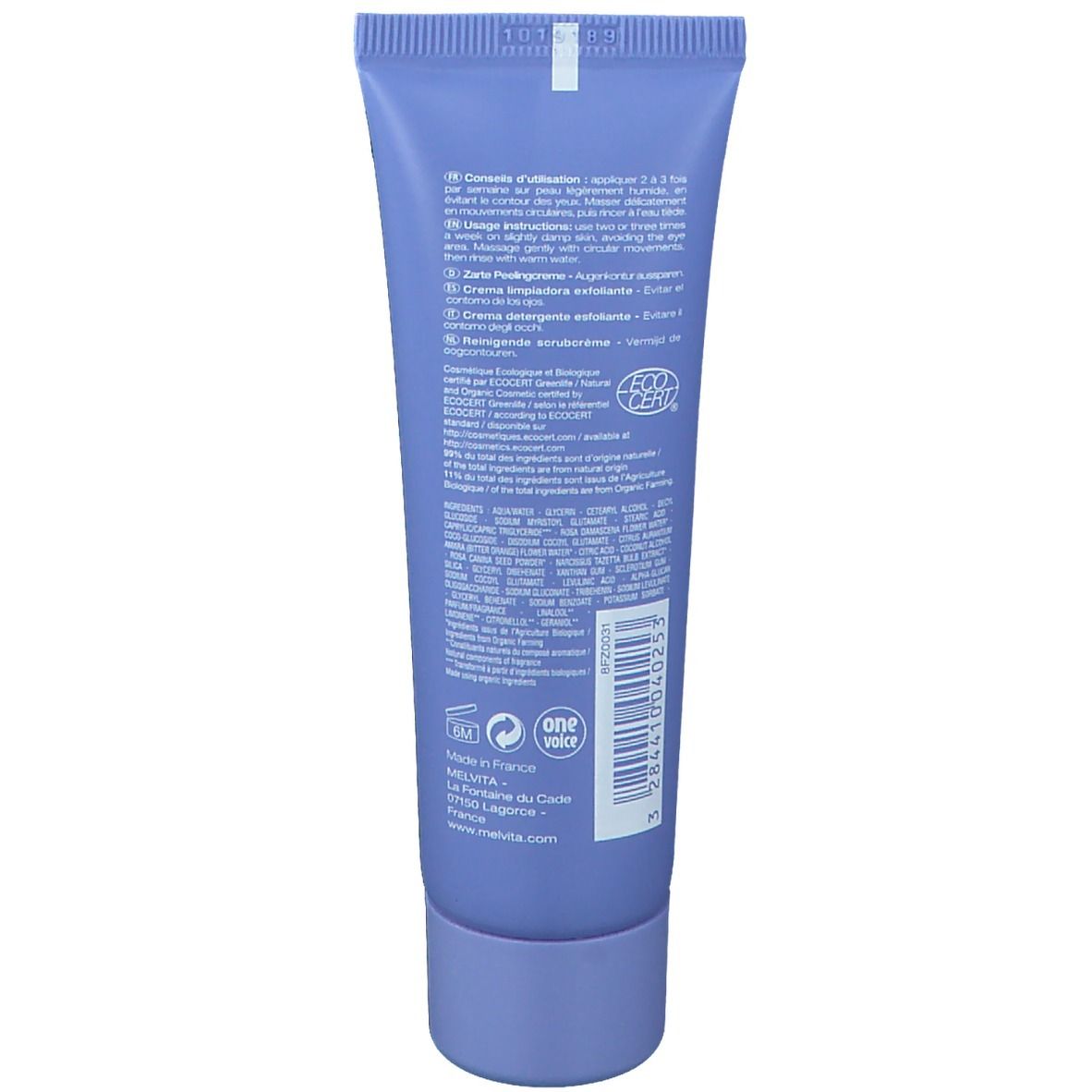 Tube bleu-violet avec texte. Une bande blanche en haut à gauche. Un bouchon bleu en bas.
