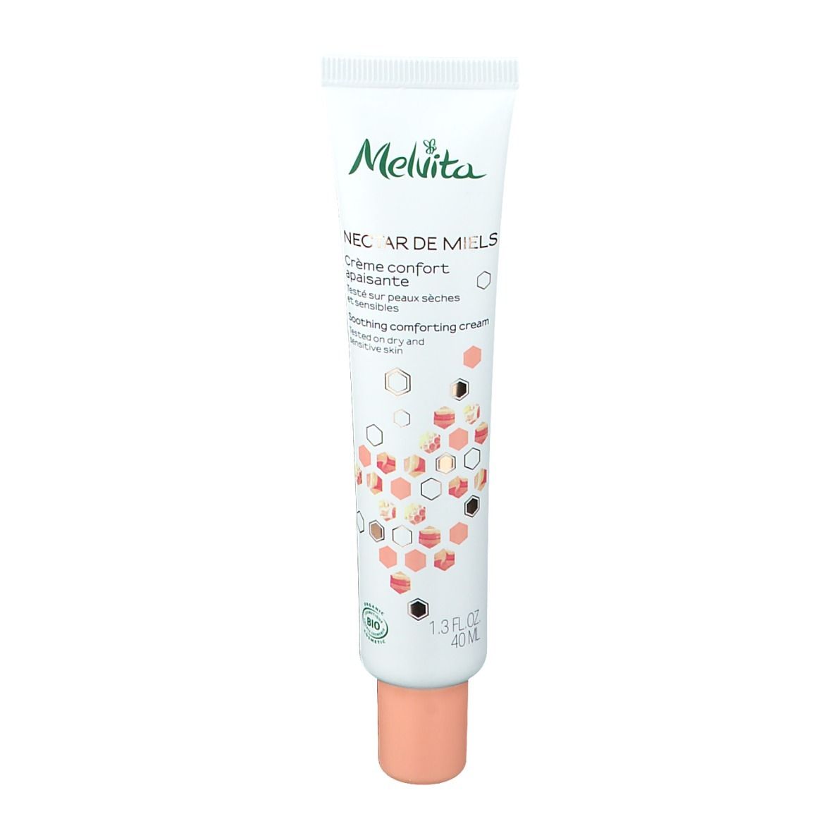 Tube de crème avec logo vert et texte. Inscription : Nectar de Miels, Crème confort apaisante. 40ml.
