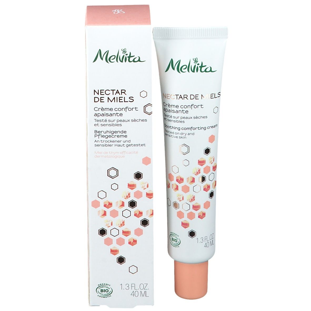 Tube de crème et boîte côte à côte. Inscription : Nectar de Miels, Crème confort apaisante. 40ml. Logo.