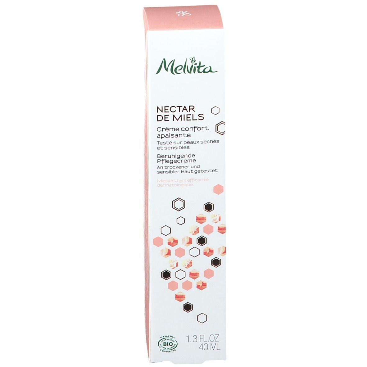 Boîte avec tube de crème. Inscription : Nectar de Miels, Crème confort apaisante. 40ml. Logo.