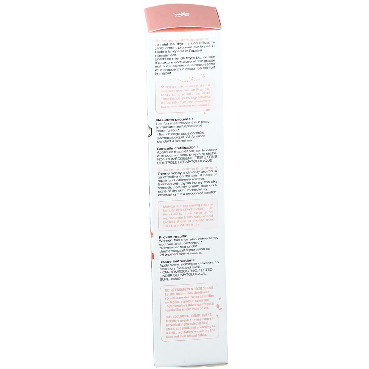 Boîte avec texte multilingue. Inscription : Nectar de Miels. Logo. Rose et blanc.