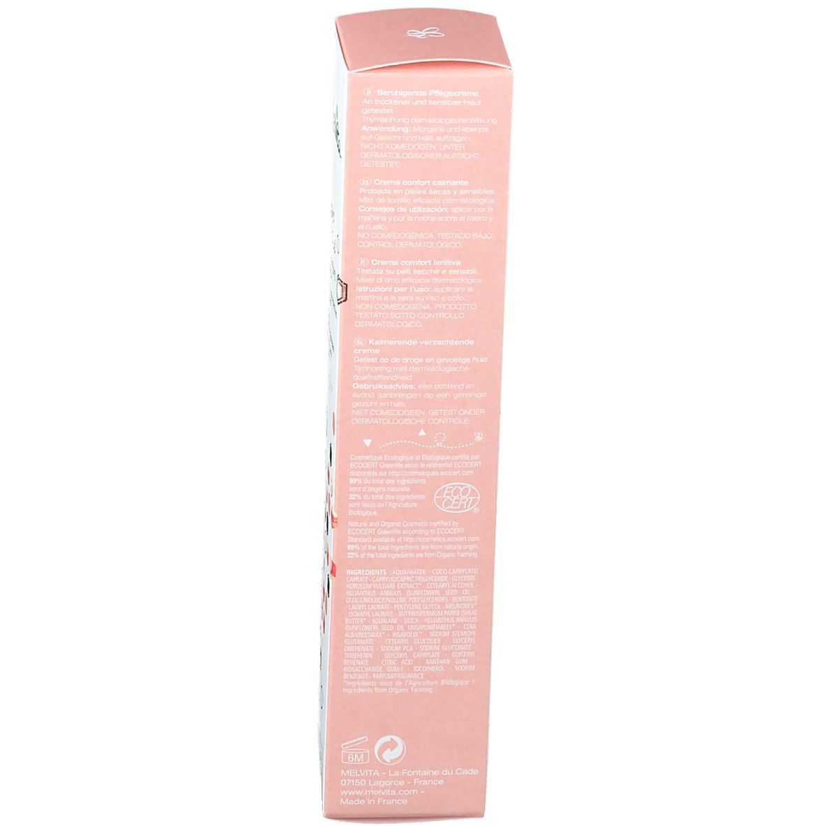 Boîte avec texte multilingue. Logo Ecocert. Rose et blanc.