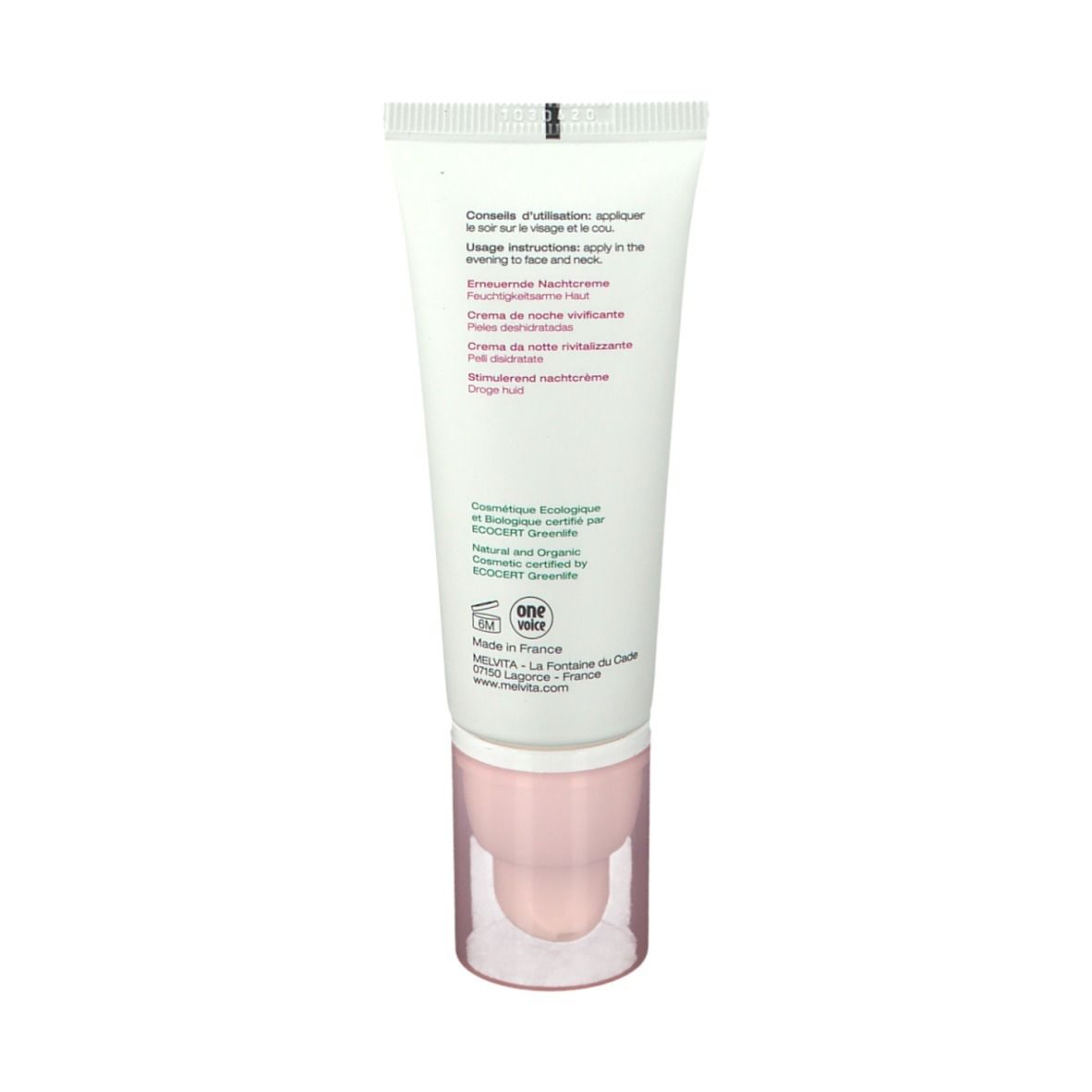 Dos du tube. Texte multilingue. Label ECOCERT. Fabriqué en France.