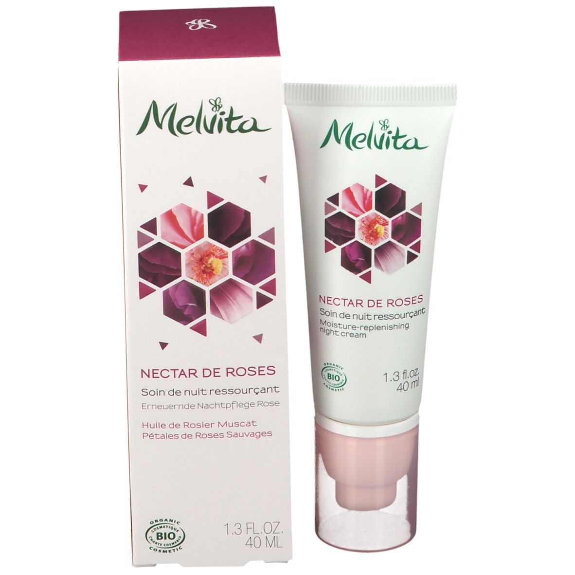 Emballage du produit. Tube et boîte. Inscription: Melvita, Nectar de Roses, crème de nuit. Label bio.