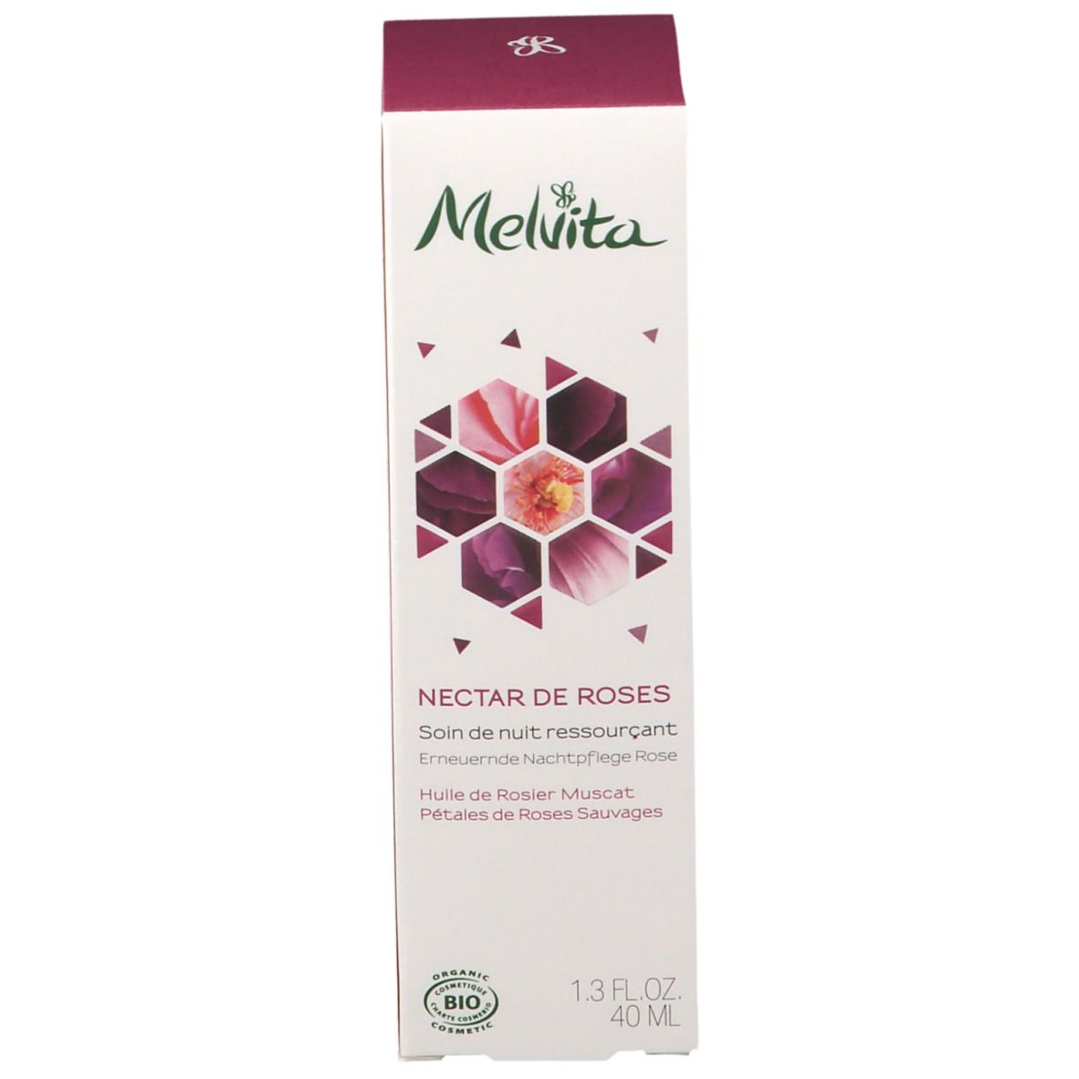Boîte avec inscription: Melvita, Nectar de Roses, crème de nuit. Label bio. Motif géométrique.