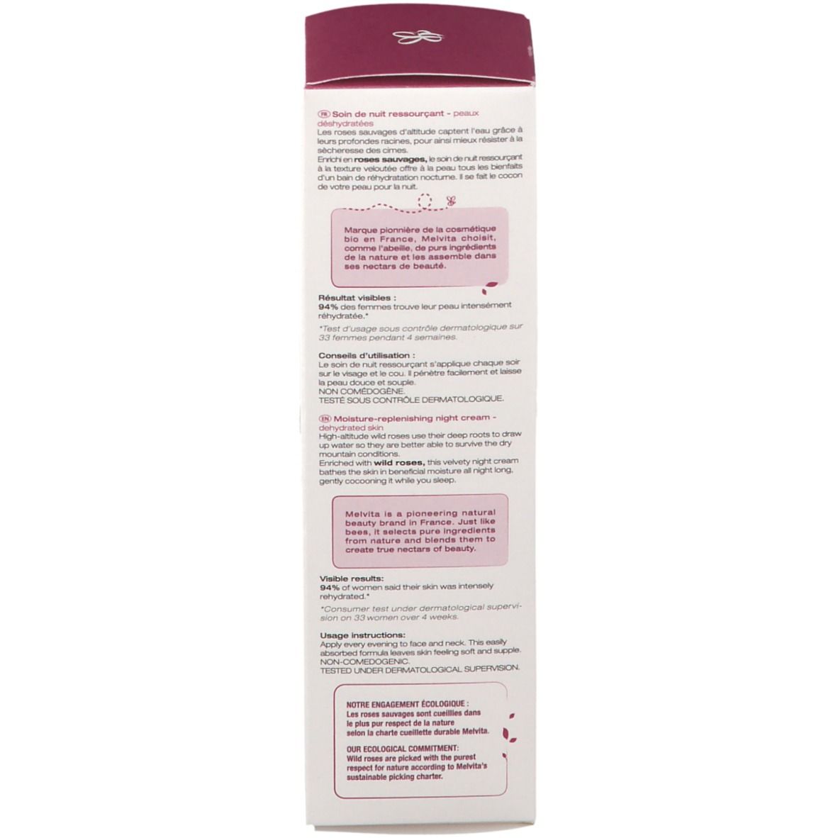 Dos de la boîte. Texte multilingue. Label ECOCERT. Ingrédients. Emballage durable.