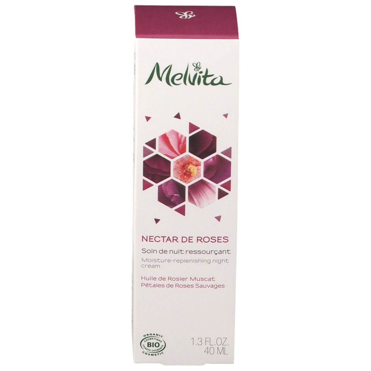 Boîte avec inscription: Melvita, Nectar de Roses, crème de nuit. Label bio. Motif géométrique.