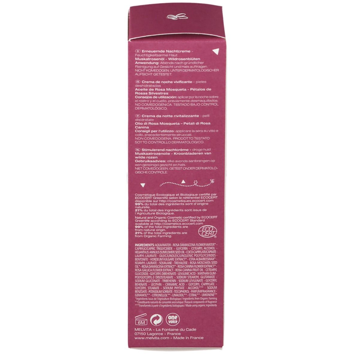 Dos de la boîte. Texte multilingue. Label ECOCERT. Ingrédients. Emballage durable.
