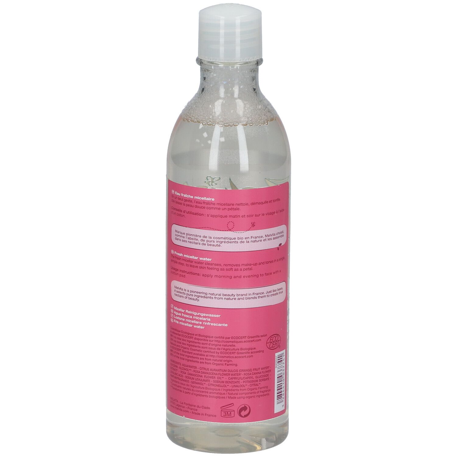 Flacon transparent avec bouchon blanc. Dos avec étiquette rose et informations produit.