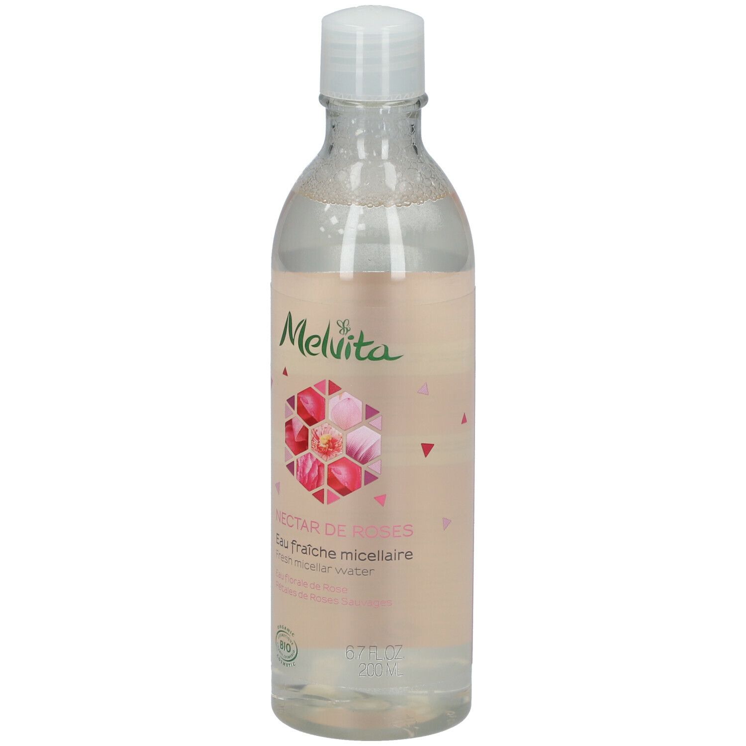 Flacon transparent avec bouchon blanc. Étiquette avec logo et nom du produit: Nectar de Roses Eau fraîche micellaire.